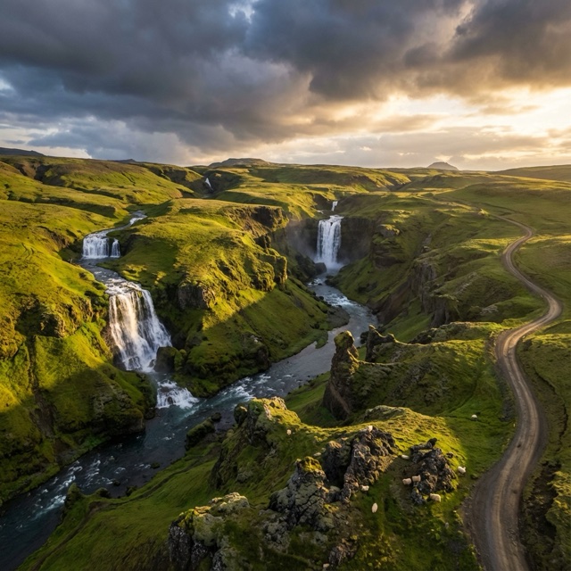 Test still of waterfalls and a road through a green valley