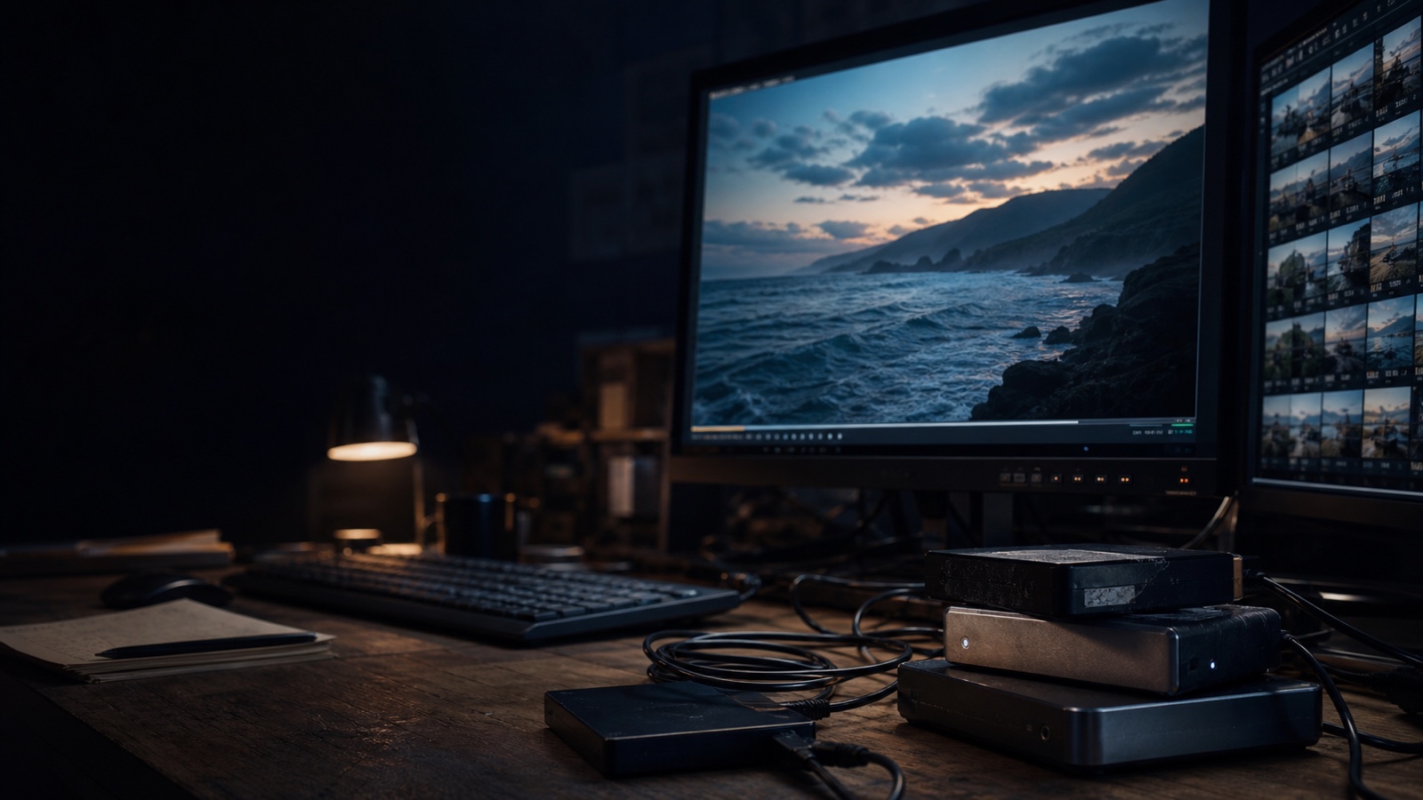 External video archive drives beside a monitor showing recovered coastal footage