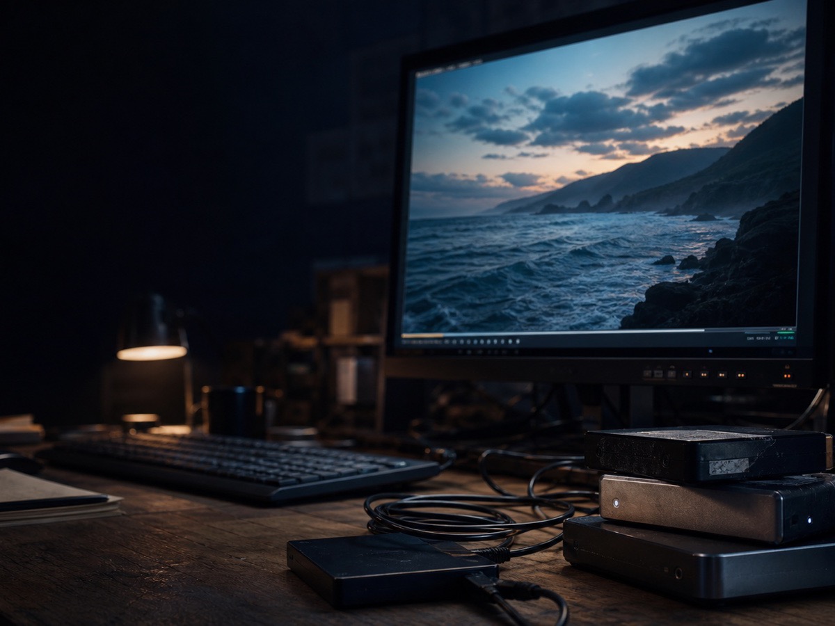 External video archive drives beside a monitor showing recovered coastal footage
