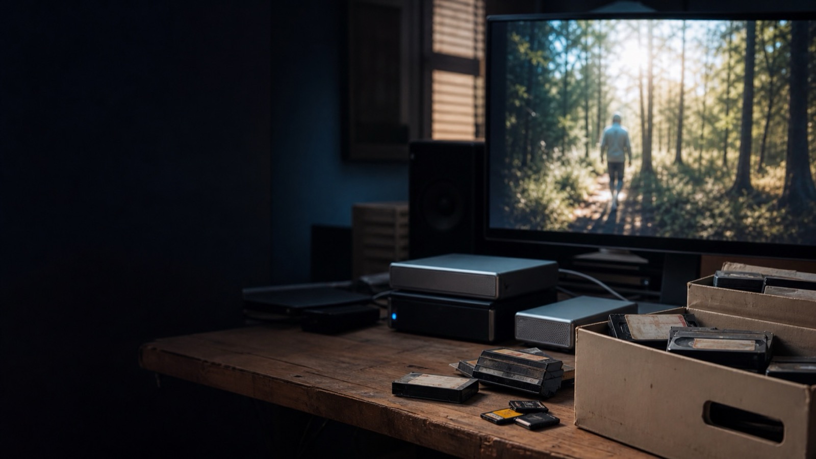 Unsorted video archive tapes and drives beside a monitor showing recovered footage