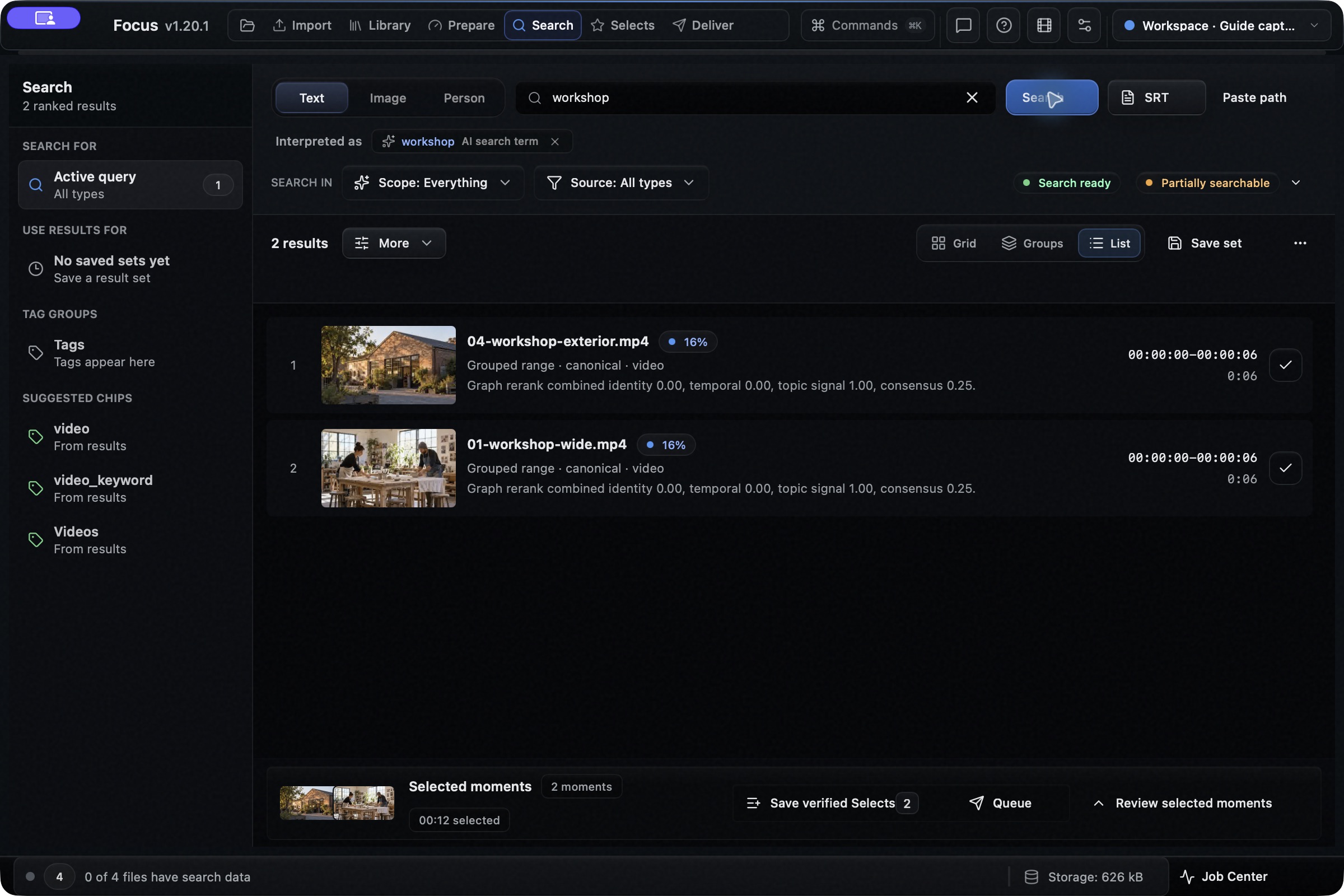 Focus app screenshot: Collect moments from different videos.