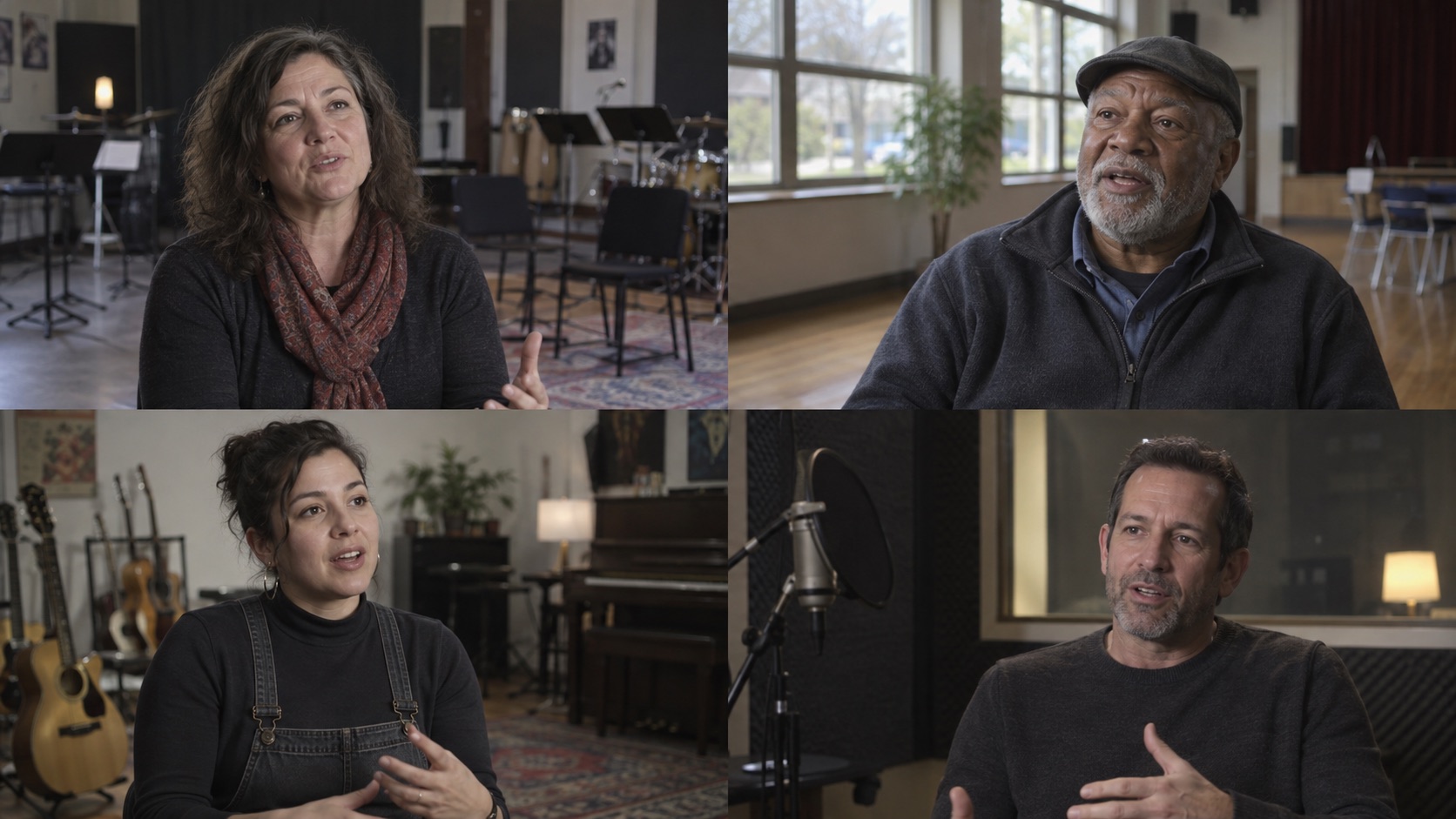 Four interview speakers in an illustrative video contact sheet