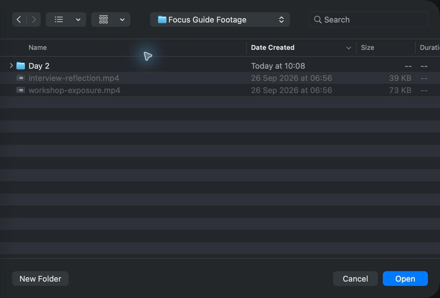 Focus's native folder picker showing the Focus Guide Footage folder, two videos and a Day 2 subfolder