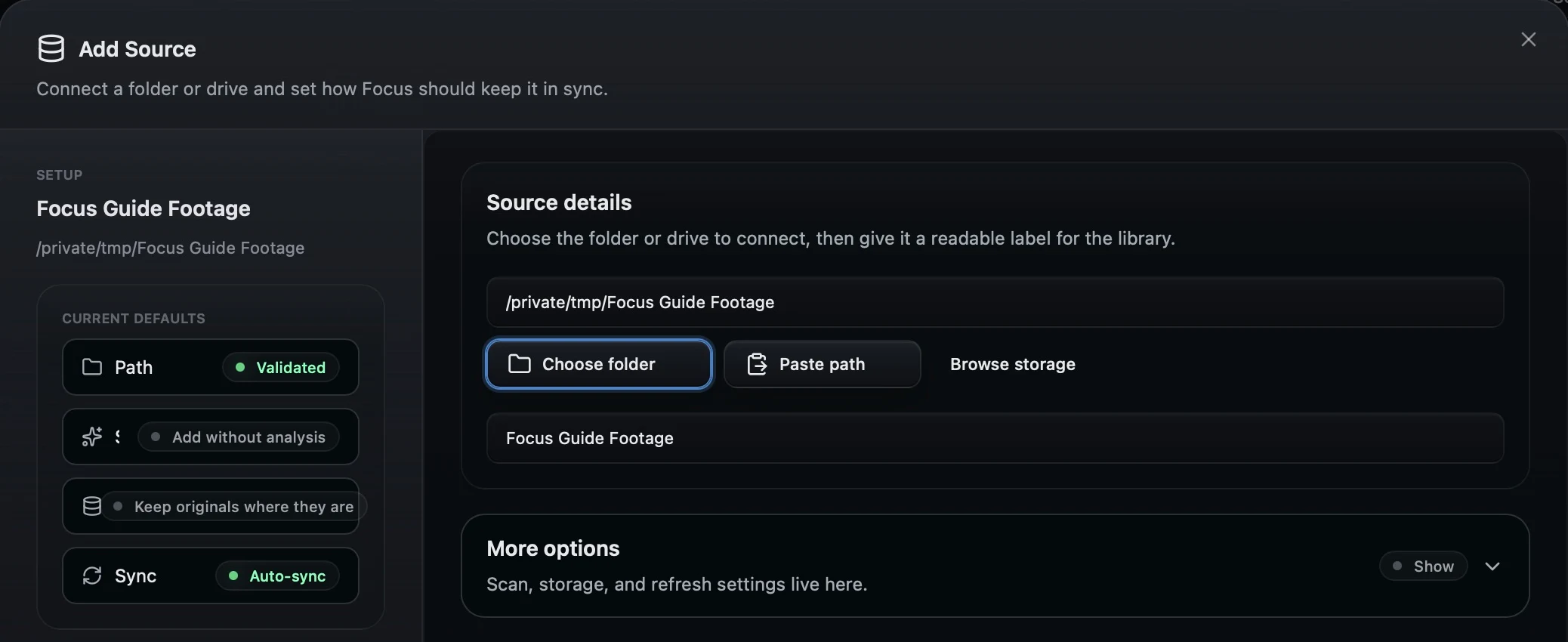 Focus Add Source form with a validated folder path, Choose folder button and source label