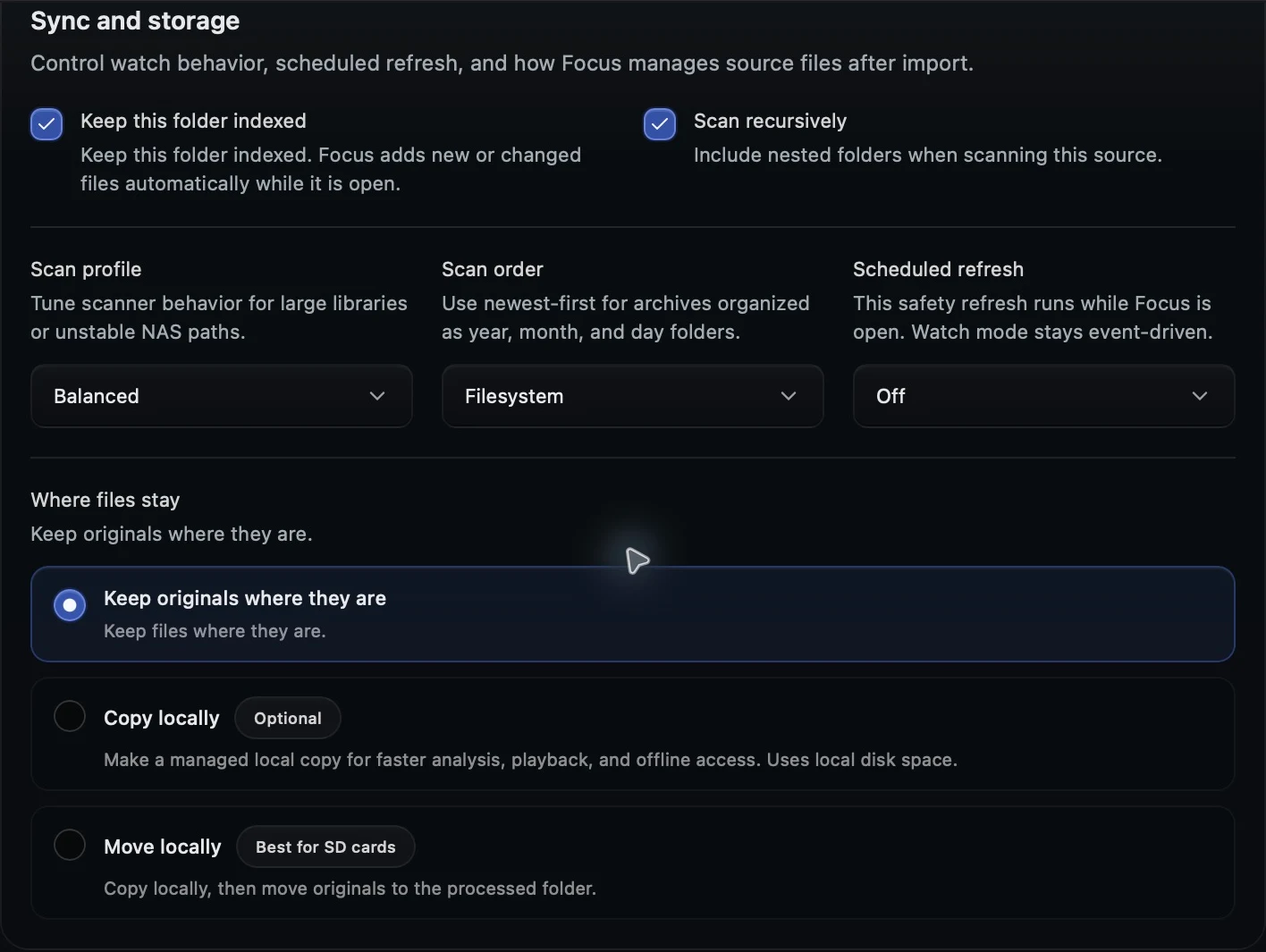 Focus source options with Scan recursively enabled and Keep originals where they are selected