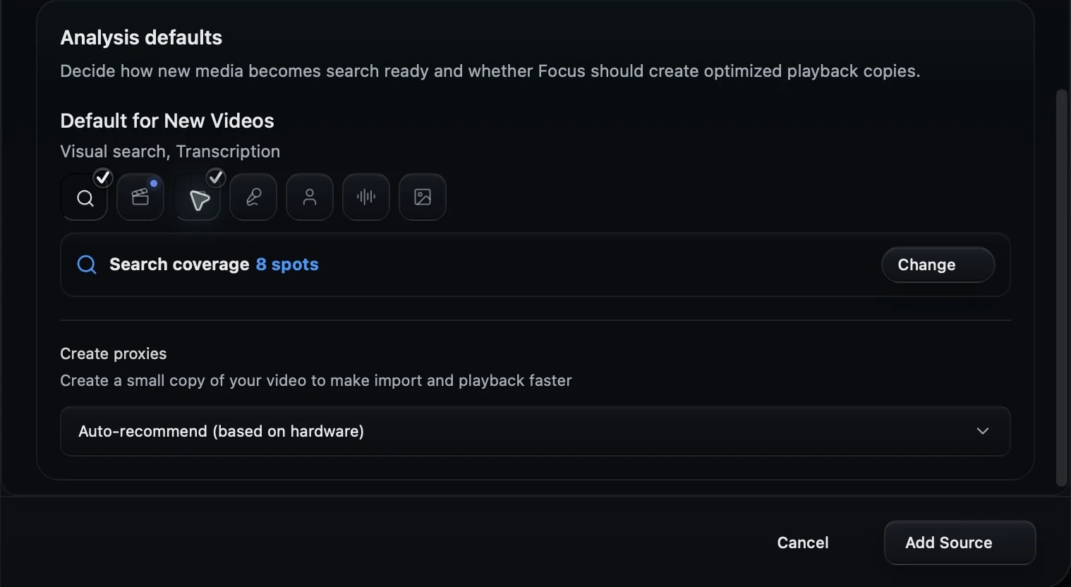 Focus Analysis defaults with Visual search and Transcription selected, above the Add Source button