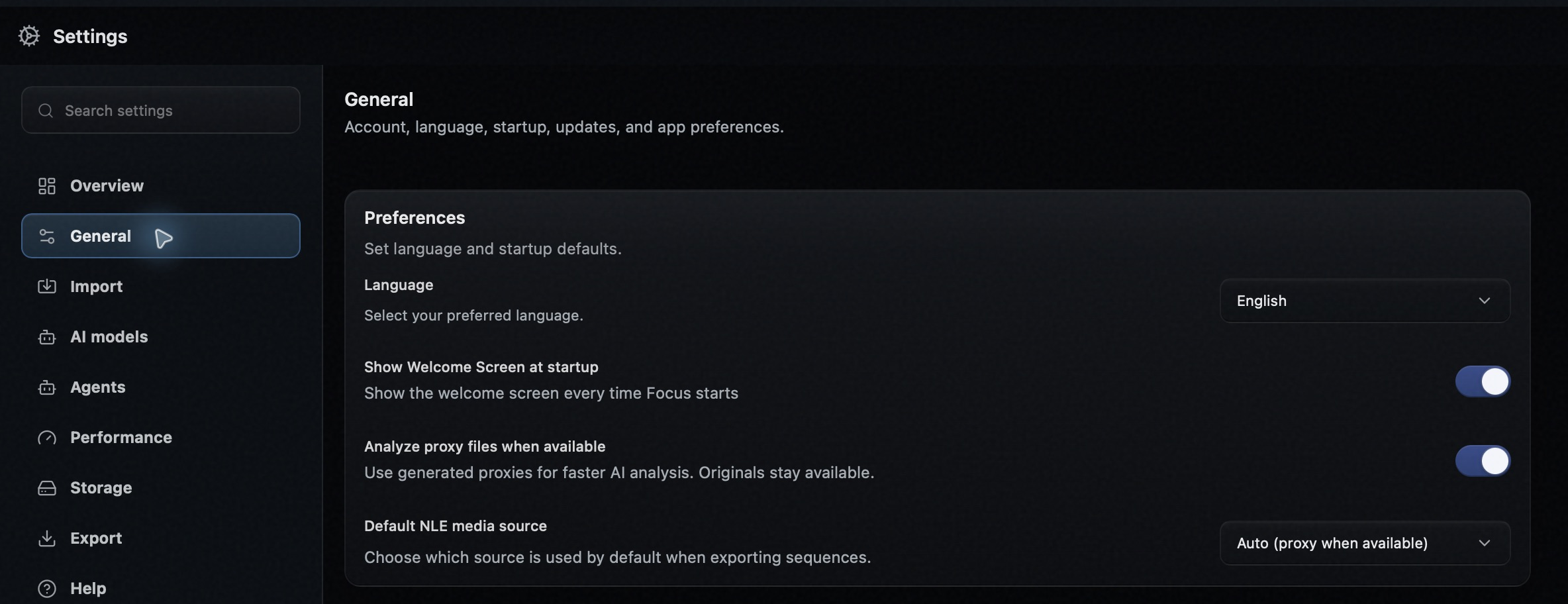 Focus 1.21.3 Settings with General selected and the Language field in Preferences
