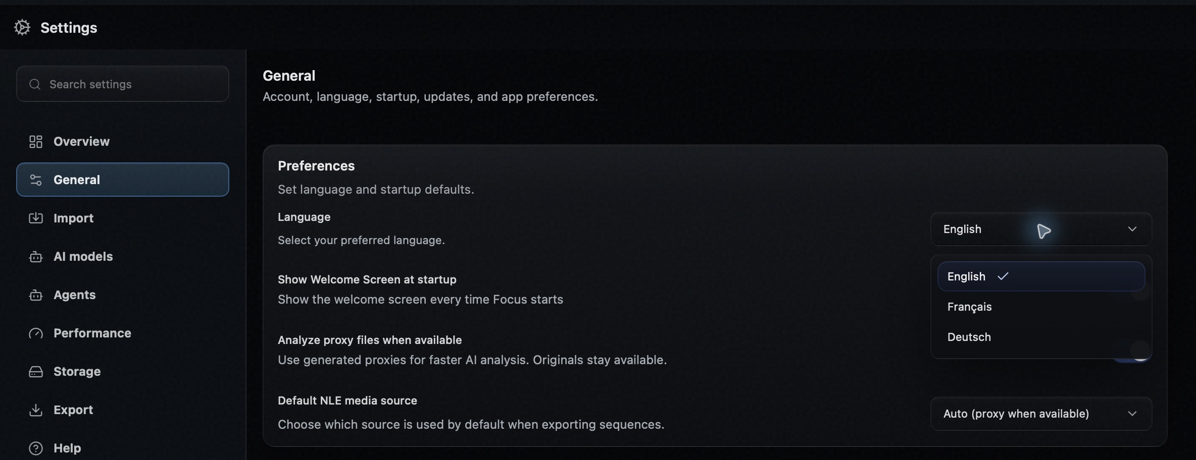 Focus 1.21.3 Language menu open with English, Français and Deutsch