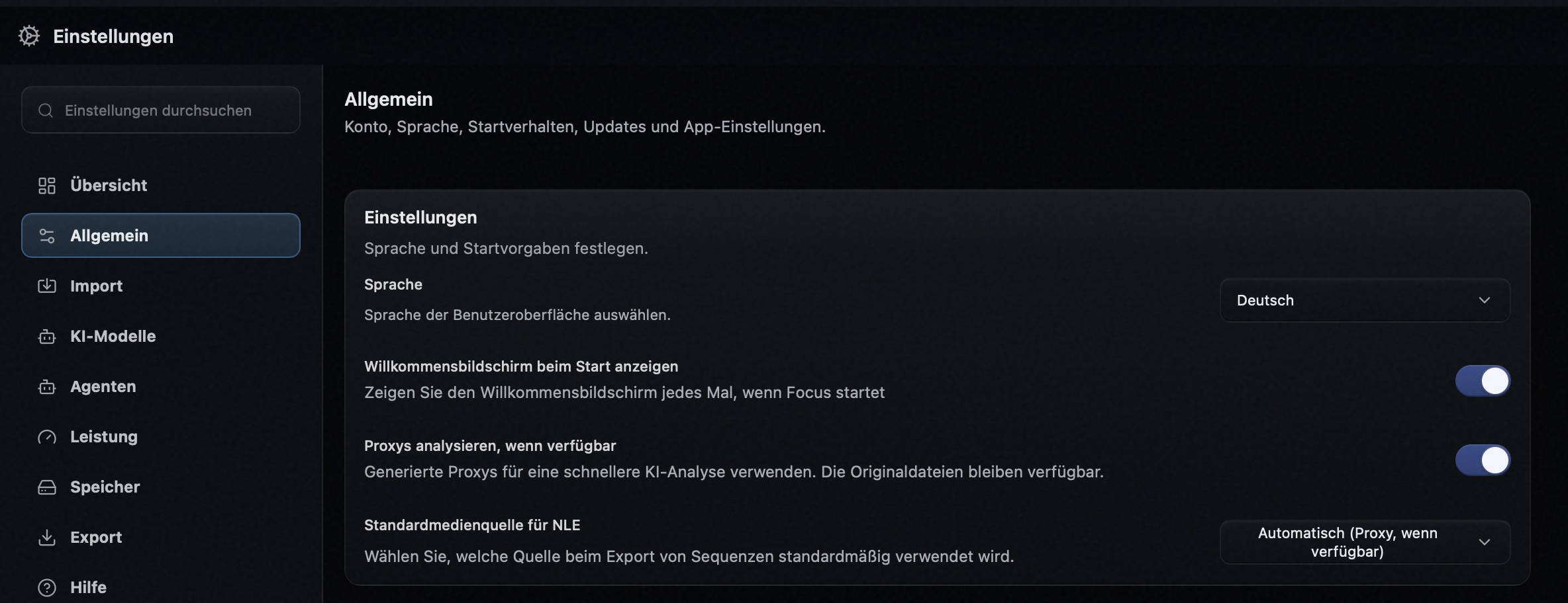 Focus 1.21.3 German settings after reopening, with Sprache still set to Deutsch