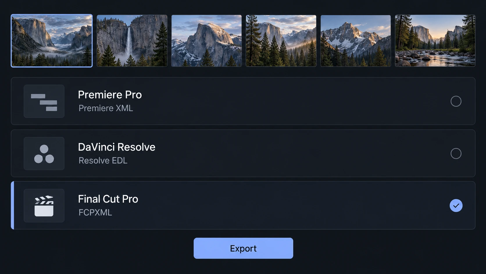 Illustration of Premiere XML, Resolve EDL and FCPXML export choices.