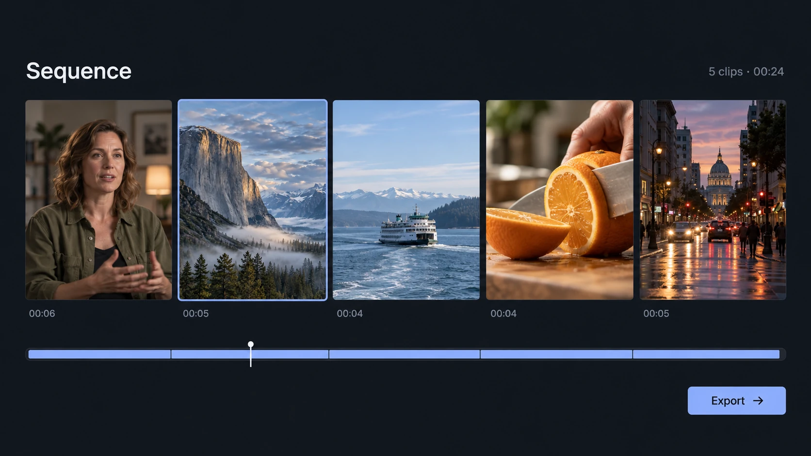 Illustration of five example video clips arranged as a Sequence.