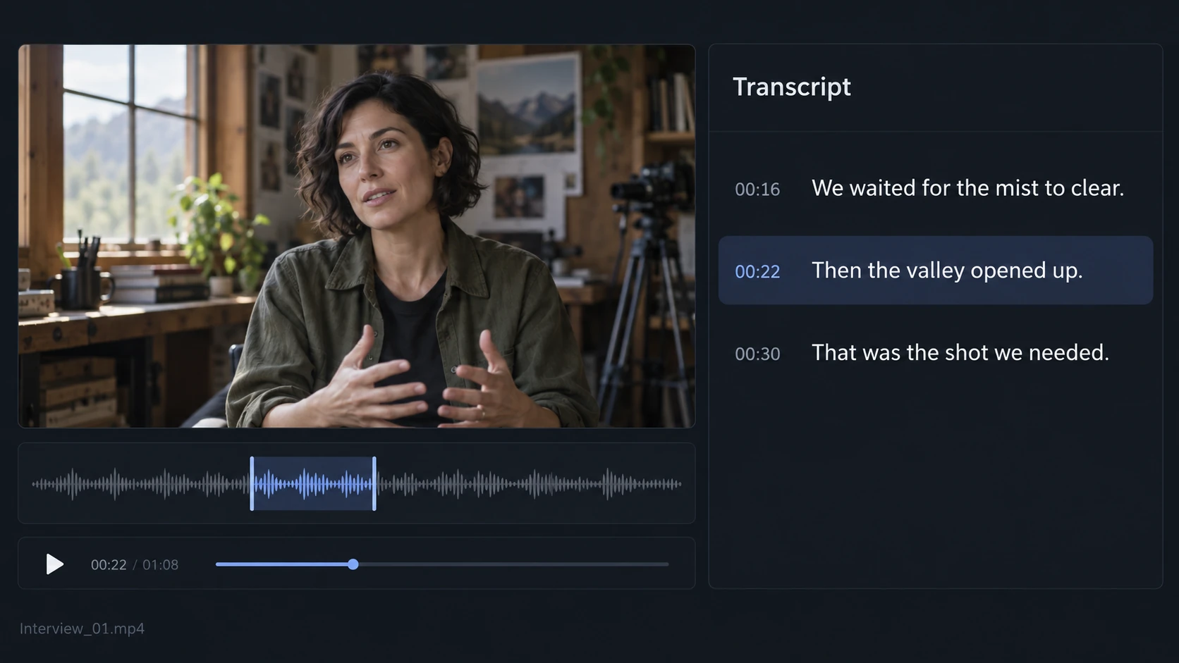 Illustration of an interview clip alongside three timestamped transcript lines.