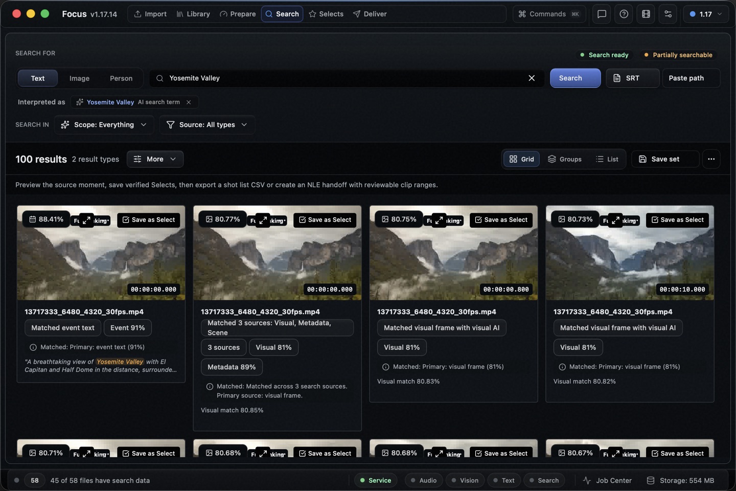 Focus Search view showing a text query, candidate results, source filenames, timecodes, and Save as Select controls.