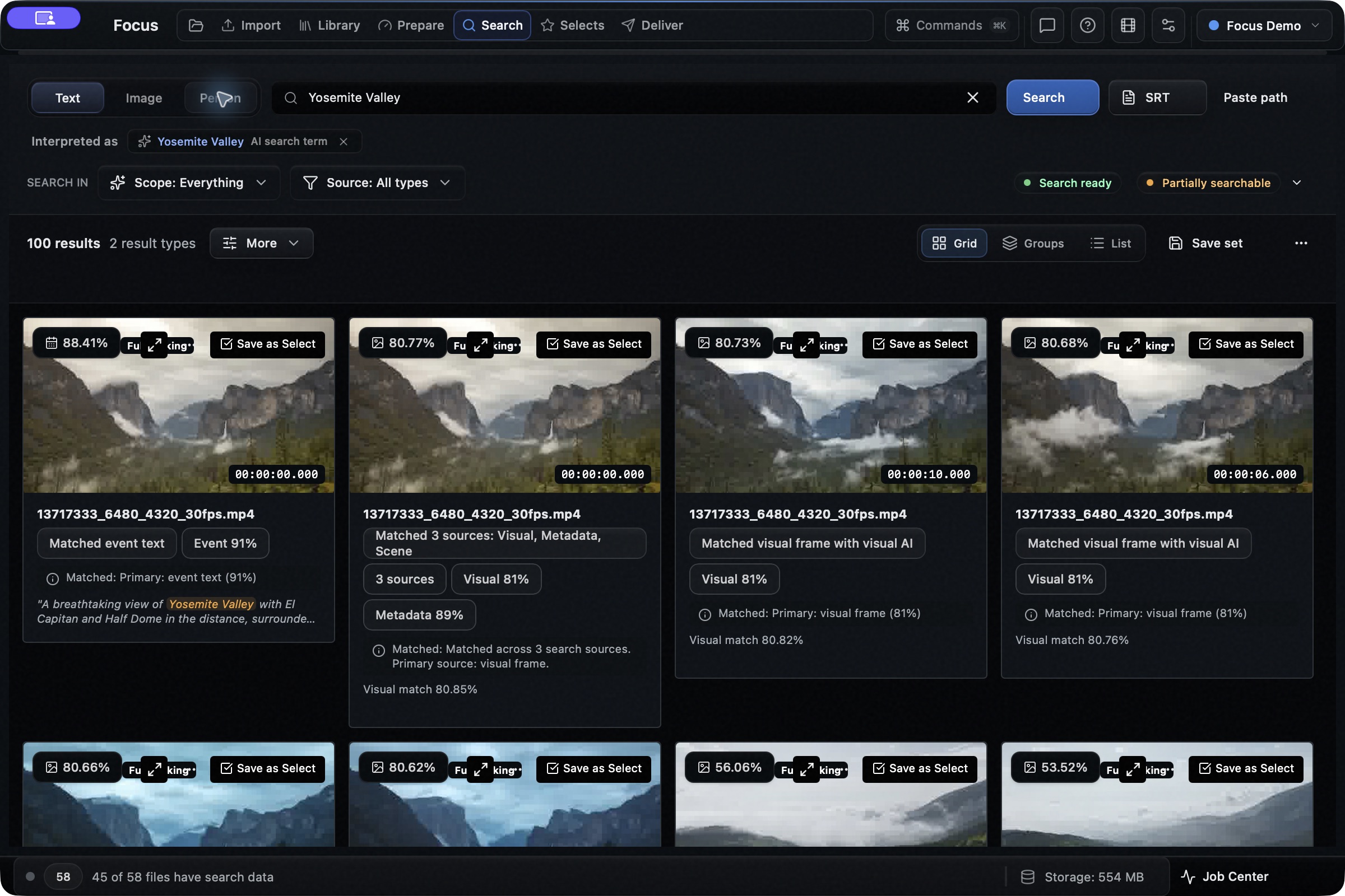 Search for “Yosemite Valley”: results linked to the clip and its timestamps.