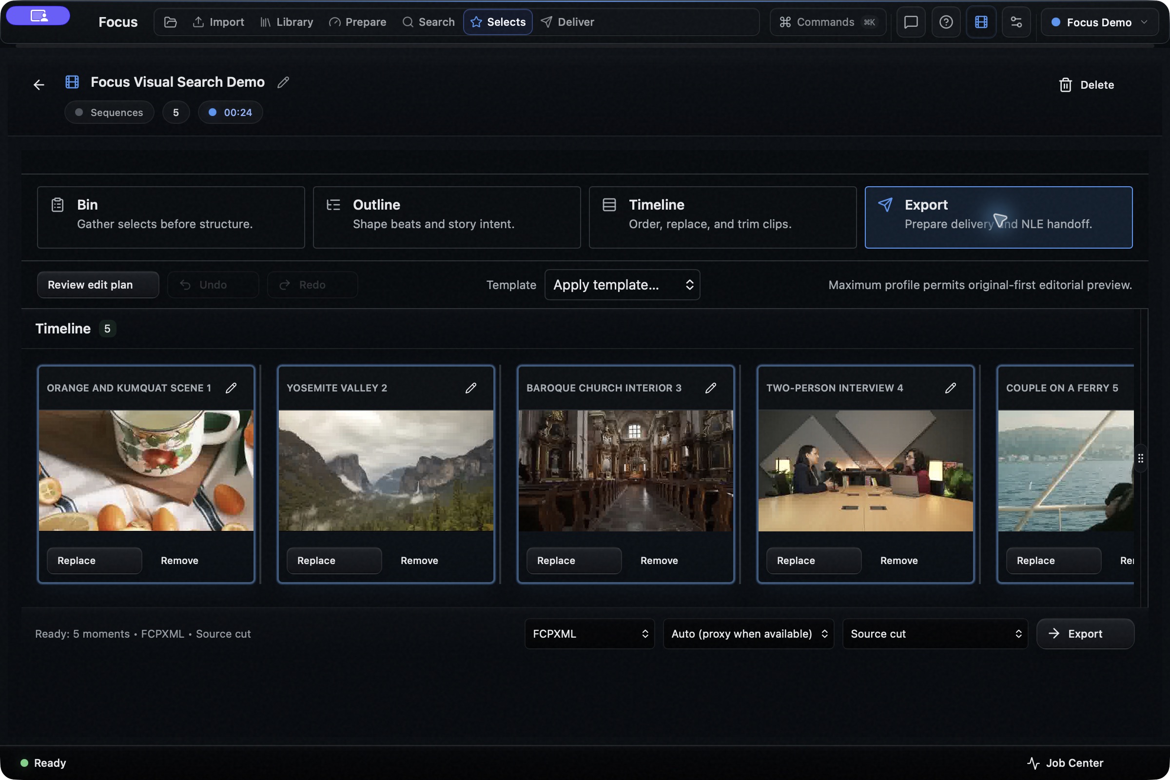 Five-moment sequence, 24 seconds long, with FCPXML output selected.